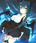  1girl bare_shoulders black_legwear blue_background blue_eyes blue_hair breasts chita_(ketchup) demon_wings dress dutch_angle frilled_skirt frills garter_straps gradient gradient_background hair_ribbon hands_in_sleeves heterochromia high_collar highres layered_dress light_smile long_sleeves looking_at_viewer medium_breasts original parted_lips ribbon short_hair skirt solo thigh-highs twintails twitter_username wings yellow_eyes 