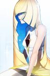  1girl blonde_hair erica_june_lahaie from_side green_eyes highres image_fill long_hair looking_at_viewer lusamine_(pokemon) parted_lips pokemon pokemon_(game) pokemon_sm smile solo upper_body very_long_hair 