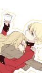  2girls blonde_hair closed_eyes cup darjeeling echiu girls_und_panzer green_eyes highres kay_(girls_und_panzer) long_hair multiple_girls short_hair sketch smile sweatdrop tea teacup white_background yuri 