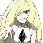  1girl bangs bare_arms blonde_hair blue_hair diamond dress empty_eyes flat_chest green_eyes grin hair_over_one_eye koutetsu_(fe_steel_stone) long_hair looking_at_viewer lusamine_(pokemon) multicolored_hair nail_polish outstretched_arm pokemon pokemon_(game) pokemon_sm simple_background smile solo streaked_hair white_background white_dress yellow_nails 