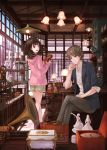 1boy 1girl :d birdcage brown_eyes brown_hair cabinet cage chandelier chin_rest crossed_legs from_behind jewelry jewelry_box lantern looking_at_viewer looking_back music_box necklace open_mouth original red_legwear short_hair shorts sitting smile socks stool sweater yasukura_(shibu11) 