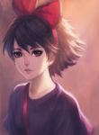  1girl bow brown_eyes brown_hair hair_between_eyes hair_bow hairband highres kiki light majo_no_takkyuubin nguyen_uy_vu red_bow short_hair solo strap studio_ghibli 