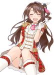  1girl :d ^_^ across_the_stars boots brown_hair closed_eyes dress drill_hair epaulettes feathers gloves hair_feathers hair_ornament highres idolmaster idolmaster_cinderella_girls idolmaster_cinderella_girls_starlight_stage long_hair one_side_up open_mouth plaid plaid_dress shimamura_uzuki short_sleeves simple_background sitting smile solo v white_background white_boots white_gloves 