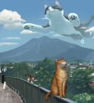  animal building cat closed_eyes clouds dated fence looking_up matataku monita_(matataku) mountain no_humans original oversized_animal scenery signature sky surreal tree whiskers 