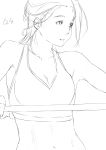  1girl armpits breasts cleavage fingerless_gloves gloves hair_up highres holding holding_staff medium_breasts midriff monochrome navel niwatazumi original sketch solo sports_bra staff translation_request upper_body white_background 