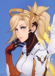  1girl artist_name bangs black_gloves blonde_hair blue_background blue_eyes blush bodysuit breastplate breasts closed_mouth clothes_writing eyelashes gloves hair_ornament hair_tie headgear highres lips long_hair long_sleeves looking_at_viewer mechanical_halo mechanical_wings medium_breasts mercy_(overwatch) overwatch pink_lips ponytail simple_background solo turtleneck unsomnus upper_body wing_print wings yellow_wings 