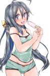  1girl :d ahoge bare_shoulders blue_hair blush camisole commentary commentary_request dripping eyebrows eyebrows_visible_through_hair grey_eyes grey_hair groin hair_between_eyes hair_bun hair_ribbon highres holding kantai_collection kinou_no_shika kiyoshimo_(kantai_collection) lips long_hair looking_at_viewer low_twintails multicolored_hair open_mouth panties polka_dot popsicle ribbon simple_background smile solo strap_slip twintails underwear underwear_only very_long_hair white_background 