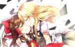  2girls blonde_hair blood blood_from_mouth blood_on_arm blood_on_face blurry bow brown_hair bruise bruise_on_face closed_eyes cravat depth_of_field detached_sleeves expressionless hair_bow hair_tubes hakurei_reimu hand_on_another&#039;s_shoulder hug injury karasusou_nano kirisame_marisa long_hair multiple_girls no_hat no_headwear shards short_sleeves touhou wind 