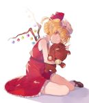  1girl arm_up ascot bangs bare_shoulders blonde_hair blush brown_shoes flandre_scarlet frilled_skirt frills full_body hat hat_ribbon holding holding_stuffed_animal kikkaiki looking_at_viewer mary_janes mob_cap on_floor one_eye_closed pointy_ears red_eyes red_ribbon red_skirt ribbon shoes simple_background sitting skirt skirt_set sleeveless solo stuffed_animal stuffed_bunny stuffed_toy teddy_bear touhou vest white_background white_legwear wings yokozuwari 