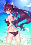  1girl adjusting_clothes adjusting_panties angry ass bikini butt_crack choker clouds forte_(shingeki_no_bahamut) granblue_fantasy island long_hair looking_back panties parted_lips partially_submerged petals purple_hair ryuinu shingeki_no_bahamut shoulder_blades sky solo swimsuit underwear violet_eyes wading water 