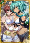  2girls aqua_hair bra breast_press breasts brown_hair chinkyuu_koudai cleavage collarbone elbow_gloves gloves green_eyes groin holding_hands ikkitousen interlocked_fingers large_breasts long_hair multiple_girls panties ryofu_housen see-through shiny shiny_skin short_hair short_twintails skirt smile symmetrical_docking twintails underwear white_bra white_gloves white_panties white_skirt 