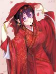  1girl :o alternate_hairstyle beifeng_han black_hair breasts bride chinese_clothes cloud_print dutch_angle floral_print from_above hair_between_eyes hair_ornament hair_up hanfu highres jewelry large_breasts long_hair miyaura_sanshio open_mouth original red_clothes solo veil veil_lift violet_eyes wide_sleeves 