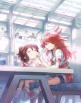  2girls amou_kanade artist_request boots brown_hair chair chewing closed_eyes crumbs curry curry_rice eating family food grin long_hair long_sleeves midriff multiple_girls ponytail red_shoes redhead rice senki_zesshou_symphogear shoes short_sleeves shorts siblings sisters sleeve_cuffs smile sneakers source_request spiky_hair spoon table tagme turtleneck very_long_hair white_boots white_shoes wiping_face 