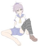  1girl aoba_(kantai_collection) bare_legs barefoot blue_eyes brown_shoes kantai_collection loafers messy_hair neckerchief open_mouth ponytail prosthesis prosthetic_leg purple_hair school_uniform scrunchie serafuku shoes short_sleeves shorts simple_background single_shoe solo unadare white_background 