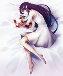  1girl absurdres barefoot blood blood_on_arm bloody_hands blue_eyes blue_hair closed_mouth cuts dress from_side full_body highres injury long_hair lying multicolored_hair on_side original pointy_ears profile purple_hair sabinuma_meruti solo two-tone_hair very_long_hair white_dress wrist_cutting 