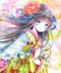  1girl bangs black_hair blue_eyes bow capelet commentary_request floral_print flower frilled_capelet hair_flower hair_ornament hair_ribbon hair_rings highres himemurasaki japanese_clothes kimono long_hair looking_at_viewer original parted_lips ribbon solo tassel upper_body wide_sleeves 