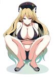  1girl alternate_costume amisu bare_legs bare_shoulders bikini black_bikini blonde_hair breast_hold breasts cleavage closed_mouth collarbone commentary_request crescent crossed_arms full_body hat highres junko_(touhou) large_breasts long_hair looking_at_viewer red_eyes sandals smile solo squatting swimsuit touhou very_long_hair white_background 