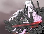  1girl aircraft_carrier_oni armor armored_boots armpit_peek bare_shoulders black_dress black_gloves boots breasts chin_rest closed_mouth commentary_request dress elbow_gloves from_side full_body gauntlets gloves head_rest kantai_collection large_breasts long_hair looking_away machinery one_side_up profile quatre_aaaa red_eyes sailor_dress shinkaisei-kan short_dress sitting sleeveless solo thigh-highs thigh_boots turret very_long_hair white_hair white_skin 