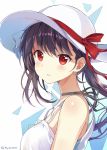  1girl blush breasts dress from_side hat hat_ribbon looking_at_viewer medium_breasts myuton neck_ribbon original parted_lips ponytail purple_hair red_eyes red_ribbon ribbon solo sun_hat sundress twitter_username upper_body white_dress white_hat 