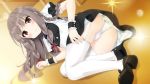  1girl artist_request ass braid brown_hair character_request copyright_request garter_straps long_hair lying mary_janes on_floor panties peko red_eyes shoes short_sleeves sidelocks solo thigh-highs underwear white_legwear white_panties wrist_cuffs 