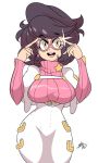  1girl bigdead93 breasts curvy eyebrows glasses highres looking_at_viewer pokemon pokemon_(game) pokemon_sm ribbed_sweater round_teeth smile solo solo_focus sweater teeth thick_eyebrows turtleneck turtleneck_sweater vicke_(pokemon) wide_hips yellow_eyes 