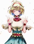  1girl ;d ahoge alice_margatroid bangs blonde_hair blouse blue_eyes breasts capelet cowboy_shot double_w eredhen frilled_capelet frills grin hairband looking_at_viewer neck_ribbon one_eye_closed open_mouth ribbon sash short_hair short_sleeves skirt skirt_set smile solo touhou w wristband 