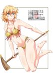  1girl alternate_costume armpits bare_legs bare_shoulders barefoot bent_knees bikini blonde_hair blush breasts cleavage closed_mouth collarbone commentary_request covered_nipples full_body green_eyes groin highres holding holding_weapon looking_away mallet medium_breasts mizuhashi_parsee navel ootsuki_wataru pointy_ears short_hair solo stomach sweat swimsuit toned touhou translated weapon white_background yellow_bikini 
