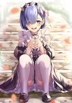  1girl blue_eyes blue_hair blue_ribbon blush breasts cleavage detached_sleeves eredhen fingernails fingers_together hair_ornament hair_over_one_eye hair_ribbon looking_at_viewer maid maid_headdress mary_janes pink_ribbon re:zero_kara_hajimeru_isekai_seikatsu rem_(re:zero) ribbon shoes short_hair sitting sitting_on_stairs smile solo stairs steepled_fingers thigh-highs x_hair_ornament 