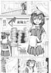  1girl :o =_= absurdres ahoge apron black_serafuku book book_stack braid cleaning comic desk greyscale hair_flaps hair_ornament hair_over_shoulder hair_ribbon hairclip highres kantai_collection messy_room monochrome naz neckerchief no_gloves partially_translated pleated_skirt remodel_(kantai_collection) ribbon school_uniform serafuku shigure_(kantai_collection) short_sleeves skirt solo sweatdrop translation_request 