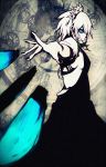  1girl blue_eyes bow clock commentary_request film_grain foreshortening from_side green_bow izayoi_sakuya knife maid_headdress monochrome outstretched_arms short_hair sidelocks smoke solo spot_color tabazi throwing_knife touhou 