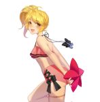  1boy benio_(zone-00) bikini blonde_hair blush buming commentary_request from_behind long_hair looking_back male_focus mole open_mouth otoko_no_ko scar side_ponytail solo swimsuit wings yellow_eyes zone-00 