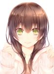  1girl blush brown_hair closed_mouth collarbone eyebrows eyebrows_visible_through_hair eyes_visible_through_hair green_eyes hair_between_eyes hood hoodie long_hair looking_at_viewer open_clothes open_hoodie original simple_background sleeves_past_wrists smile solo tadano_tsukasa upper_body white_background 