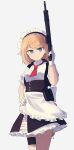  1girl apron aqua_eyes assault_rifle blonde_hair breasts closed_mouth eyebrows_visible_through_hair feet_out_of_frame g36_(girls&#039;_frontline) girls_frontline gloves gun h&amp;k_g36 hand_on_hip highres hinami047 holding holding_weapon looking_at_viewer maid maid_apron maid_headdress medium_hair red_neckwear rifle solo standing weapon white_background white_gloves 