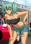  1girl breasts car cleavage collarbone denim denim_shorts eyebrows eyebrows_visible_through_hair green_eyes green_hair ground_vehicle hand_on_hip hand_on_own_knee ikkitousen large_breasts leaning_forward long_hair motor_vehicle navel outdoors ryofu_housen shiny shiny_skin short_shorts short_twintails shorts smile solo strapless twintails 