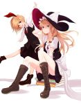  2girls apron ascot black_dress black_panties black_skirt blonde_hair book_stack boots bow braid broom brown_boots closed_mouth collared_shirt dress dress_shirt hair_bow hair_ribbon hand_on_headwear hat hat_bow head_tilt highres homo_1121 kirisame_marisa long_hair long_sleeves looking_at_viewer miniskirt multiple_girls open_clothes open_mouth open_vest outstretched_arms panties pantyshot pantyshot_(sitting) puffy_short_sleeves puffy_sleeves red_bow red_eyes red_ribbon ribbon rumia sash shirt short_hair short_sleeves side_braid simple_background single_braid sitting sitting_on_books skirt skirt_set smile touhou tress_ribbon underwear vest waist_apron white_background white_bow white_shirt witch witch_hat yellow_eyes 