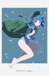  1girl 2016 artist_name backpack bag barefoot blue_eyes blue_hair bubble dated eyebrows eyebrows_visible_through_hair hair_bobbles hair_ornament hat highres holding_breath kawashiro_nitori legs namauni one-piece_swimsuit shirt short_hair sleeves_past_elbows sleeves_rolled_up solo swimsuit swimsuit_under_clothes touhou two_side_up underwater webbed_feet white_swimsuit 