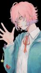  1boy amemura_ramuda androgynous bangs black_background blue_eyes bolo_tie candy collared_shirt dropping eyelashes food from_behind highres hood hood_down hoodie hypnosis_mic lollipop looking_down male_focus multicolored_eyes multicolored_hair open_hand paleturquoise pink_hair ribbon shirt short_hair solo swept_bangs wavy_hair 
