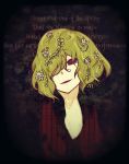  1girl al_bhed_eyes alternate_costume black_shirt blurry commentary_request depth_of_field english floral_background flower flower_god_god_of_the_spring green_hair hair_flower hair_ornament hair_over_one_eye head_tilt highres kazami_yuuka leaf plant plant_hair poem red_eyes shirt solo tabazi texture touhou vest 