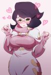  1girl akira_(natsumemo) big_hair blush breasts green_eyes heart large_breasts long_sleeves looking_at_viewer pink-framed_eyewear pokemon pokemon_(game) pokemon_sm ribbed_sweater short_hair solo star star_print sweater turtleneck turtleneck_sweater upper_body vicke_(pokemon) wide_hips 