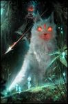  1girl animal blood chromatic_aberration cloak commentary forest glowing glowing_eyes kodama making_of mask mononoke_hime nature oversized_animal polearm ross_tran san spear weapon wolf younger 
