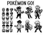  3boys 3girls baseball_cap blanche_(pokemon) candela_(pokemon) coat copyright_name crossed_arms female_protagonist_(pokemon_go) glasses_enthusiast greyscale hat holding holding_poke_ball labcoat long_hair male_protagonist_(pokemon_go) monochrome multiple_boys multiple_girls official_style parody pixel_art pointing poke_ball pokemon pokemon_(game) pokemon_go pokemon_rgby ponytail shorts simple_background smile spark_(pokemon) visor_cap white_background willow_(pokemon) 