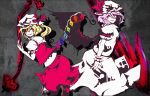  2girls blonde_hair bow commentary_request crystal dress flandre_scarlet grey_background grin gungnir_(weapon) hat hat_bow laevatein lavender_hair long_hair looking_at_viewer mob_cap multiple_girls polearm red_bow red_eyes remilia_scarlet siblings side_ponytail sisters skirt smile spear tabazi touhou weapon whorled_hair wings wrist_cuffs 