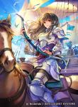  1girl armor armored_boots arrow artist_request astrid bird black_hair boots bow_(weapon) breastplate brown_eyes copyright_name fire_emblem fire_emblem:_souen_no_kiseki fire_emblem_cipher gauntlets horse horseback_riding long_hair looking_at_viewer pants pauldrons riding seagull ship watercraft weapon 