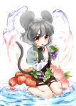  1girl absurdres animal_ears apple black_skirt bobby_socks capelet eating eyebrows eyebrows_visible_through_hair food fruit grapes grey_hair highres iirodo in_water jewelry long_sleeves looking_at_viewer mouse_ears mouse_tail nazrin no_shoes open_mouth orange peach pendant red_eyes short_hair sitting skirt socks solo tail touhou wariza white_background 