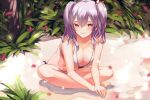  1girl bangs bare_shoulders barefoot beach bikini breasts cleavage closed_mouth collarbone eredhen flower front-tie_bikini front-tie_top hair_ribbon highres indian_style kantai_collection kashima_(kantai_collection) large_breasts leaning_forward plant ribbon side-tie_bikini sidelocks silver_hair sitting smile solo swimsuit toenails twintails two_side_up violet_eyes water wavy_hair white_bikini 