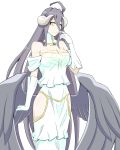  1girl ahoge albedo bare_shoulders black_hair black_wings breasts cleavage closed_mouth commentary_request demon_girl demon_horns dress elbow_gloves feathered_wings finger_to_mouth gloves hip_vent horns large_breasts long_hair looking_away overlord_(maruyama) quatre_aaaa smile solo very_long_hair white_background white_dress white_gloves wings yellow_eyes 