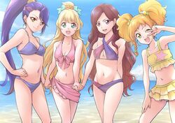  4girls aikatsu! aikatsu_stars! bikini bikini_skirt blonde_hair brown_eyes brown_hair criss-cross_halter green_eyes halter_top halterneck highres kasumi_yozora kisaragi_tsubasa long_hair multiple_girls nikaidou_yuzu ogry_ching one_eye_closed orange_hair ponytail purple_hair shiratori_hime standing swimsuit twintails v v_over_eye violet_eyes 