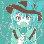  1girl bow chako_(chakoxxx) eyebrows eyebrows_visible_through_hair food frills green_background hat hat_bow heart heart_of_string highres ice_cream komeiji_koishi monochrome solo third_eye touhou translated 