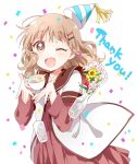  1girl ;d \||/ bangs birthday bouquet brown_eyes commentary_request confetti cup dress drinking_glass fang flower hair_ornament hairpin hat latte_art light_brown_hair looking_at_viewer namori one_eye_closed oomuro_sakurako open_mouth party_hat sailor_collar school_uniform short_over_long_sleeves smile solo striped_hat teacup thank_you vase yuru_yuri 