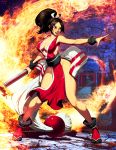  1girl artist_name breasts brown_hair cleavage closed_fan covered_nipples fan fatal_fury folding_fan full_body genzoman high_ponytail large_breasts long_hair open_mouth pelvic_curtain revealing_clothes shiranui_mai solo the_king_of_fighters torii tree 